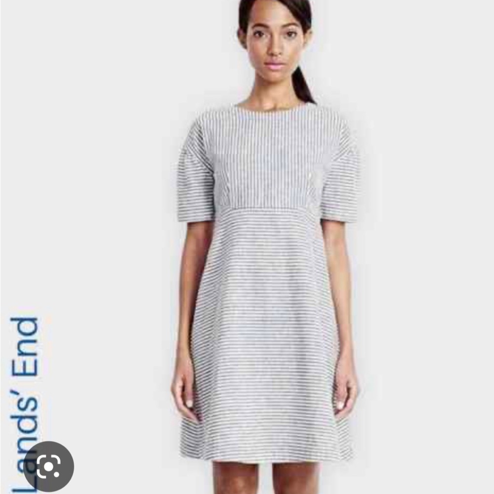 Super flattering, easy, navy stripe linen blend short sleeve dress by Lands End